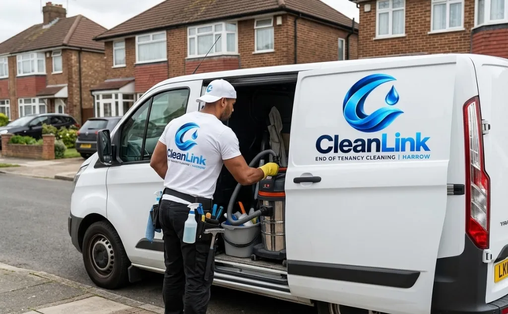 CleanLink cleaner unloading cleaning equipment from the branded van on a Harrow street